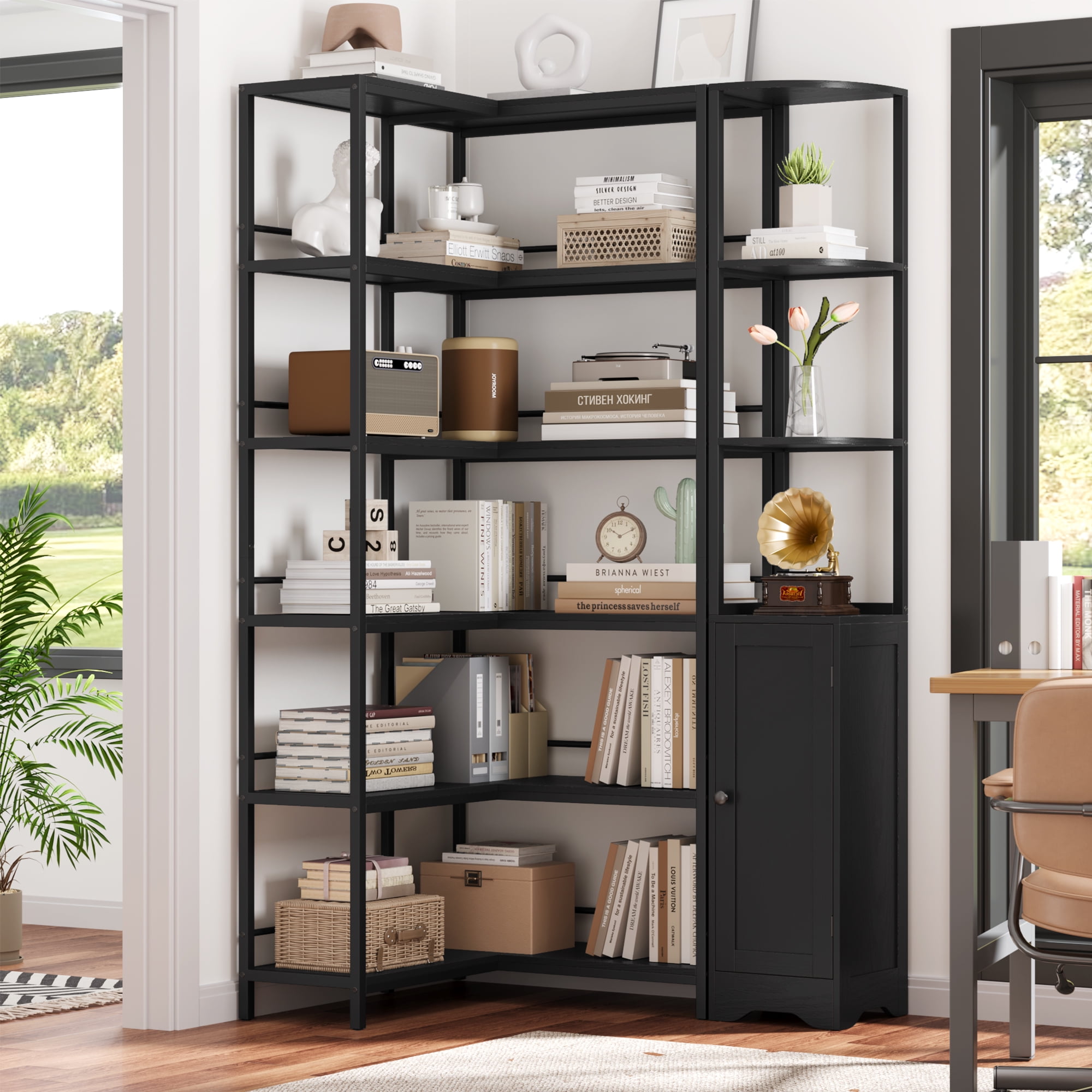 Homfa  L-Shaped Bookshelf Storage Organizer with Corner Bookcase, 71'' Tall Corner Etagere Bookshelf, Wood and Metal Storage Rack for Living Room Home Office, Black