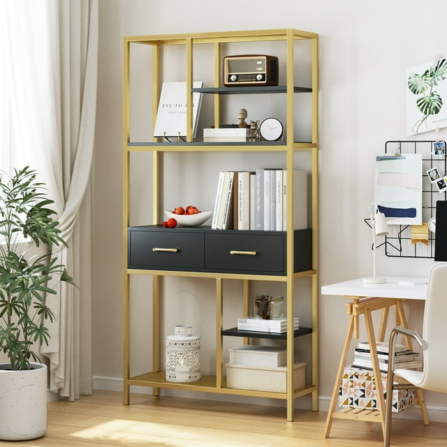 Homfa 5tier Iron Bookcase with 2 Drawers, Industrial Tall Bookshelf
