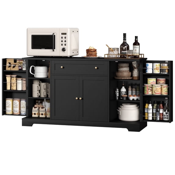 Homfa 54.3"W Kitchen Storage Cabinet with Adjustable Spice Racks, 4 Door Buffet Sideboard with Large Drawer, Coffee Bar for Dining Room,Black