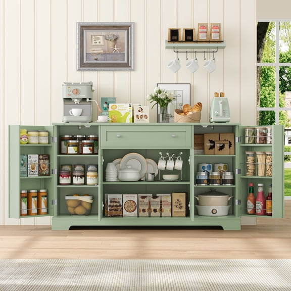 Homfa 54.3"W Kitchen Storage Cabinet with Adjustable Spice Racks, 4 Door Buffet Sideboard with Large Drawer, Coffee Bar for Dining Room, Green