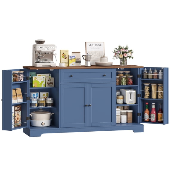 Homfa 54.3"W Kitchen Storage Cabinet with Adjustable Spice Racks, 4 Door Buffet Sideboard with Large Drawer, Coffee Bar for Dining Room, Blue & Brown