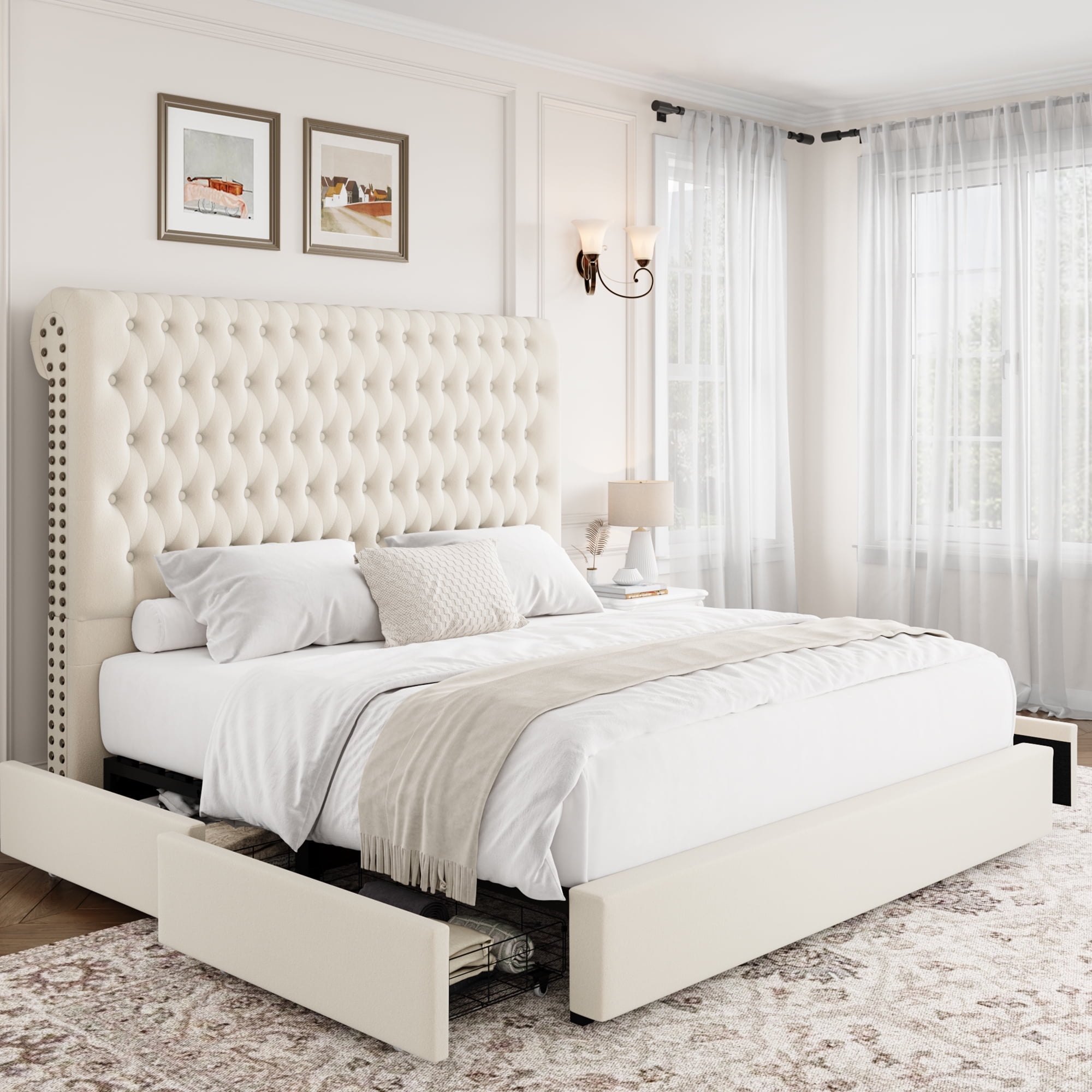 Homfa Queen Size Bed Frame with Tall Headboard, Sturdy