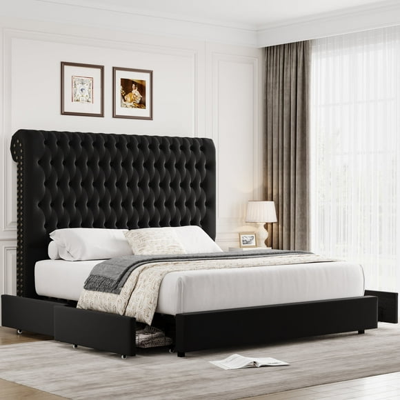 Homfa 54.7" Tall Headboard Bed Frame, King Size Storage Bed with Tall Headboard, Tall Upholstered Bed with Footboard and Drawers, Black