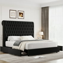 Homfa 54.7" Tall Headboard Bed Frame, Queen Size Storage Bed with Tall Headboard, Tall Upholstered Bed with Footboard and Drawers, Black