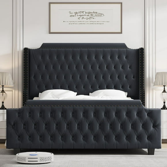 Homfa 54" Tall Headboard Bed Frame with Wingback, King Size Bed with Tall Headboard, Velvet Deep Button Tufted Tall Upholstered Bed with Footboard, Black
