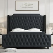Homfa 54" Tall Headboard Bed Frame with Wingback, Queen Size Bed with Tall Headboard, Velvet Deep Button Tufted Tall Upholstered Bed with Footboard, Black