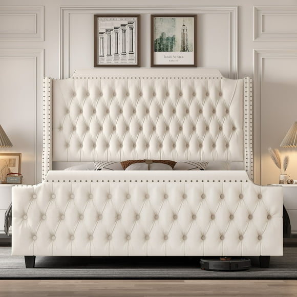 Homfa 54" Tall Headboard Bed Frame with Wingback, Queen Size Bed with Tall Headboard, Velvet Deep Button Tufted Tall Upholstered Bed with Footboard, Off-white