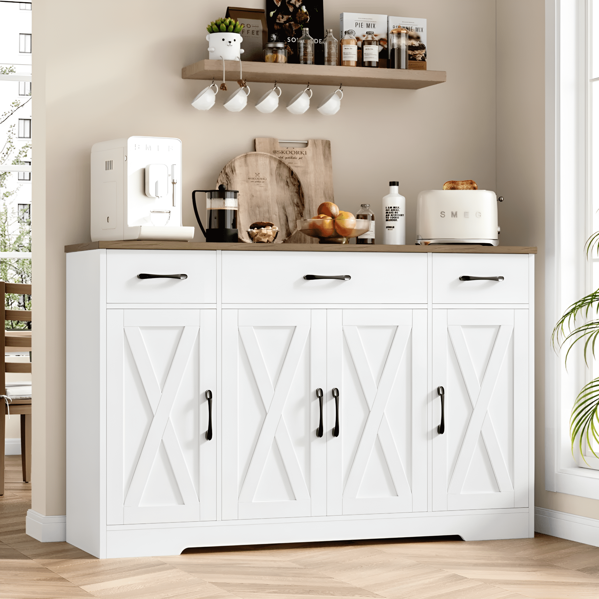 Homfa 55.1 W Farmhouse Kitchen Sideboard Coffee Bar Cabinet with 4 Doors and 3 Drawers Wooden Buffet Cabinet with Adjustable Shelves White Brown