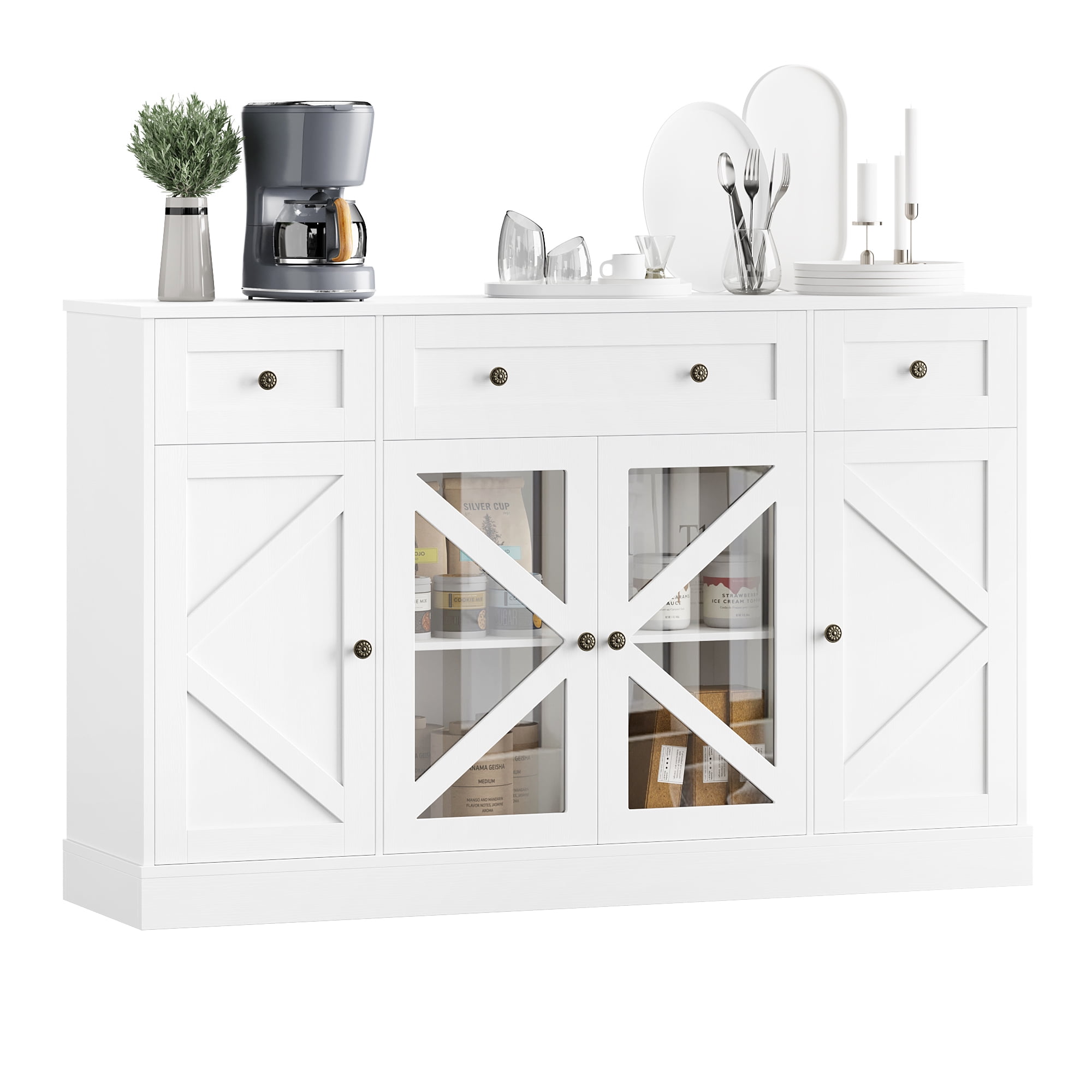 White Modern Farmhouse Sideboard with Glass Doors and Drawers
