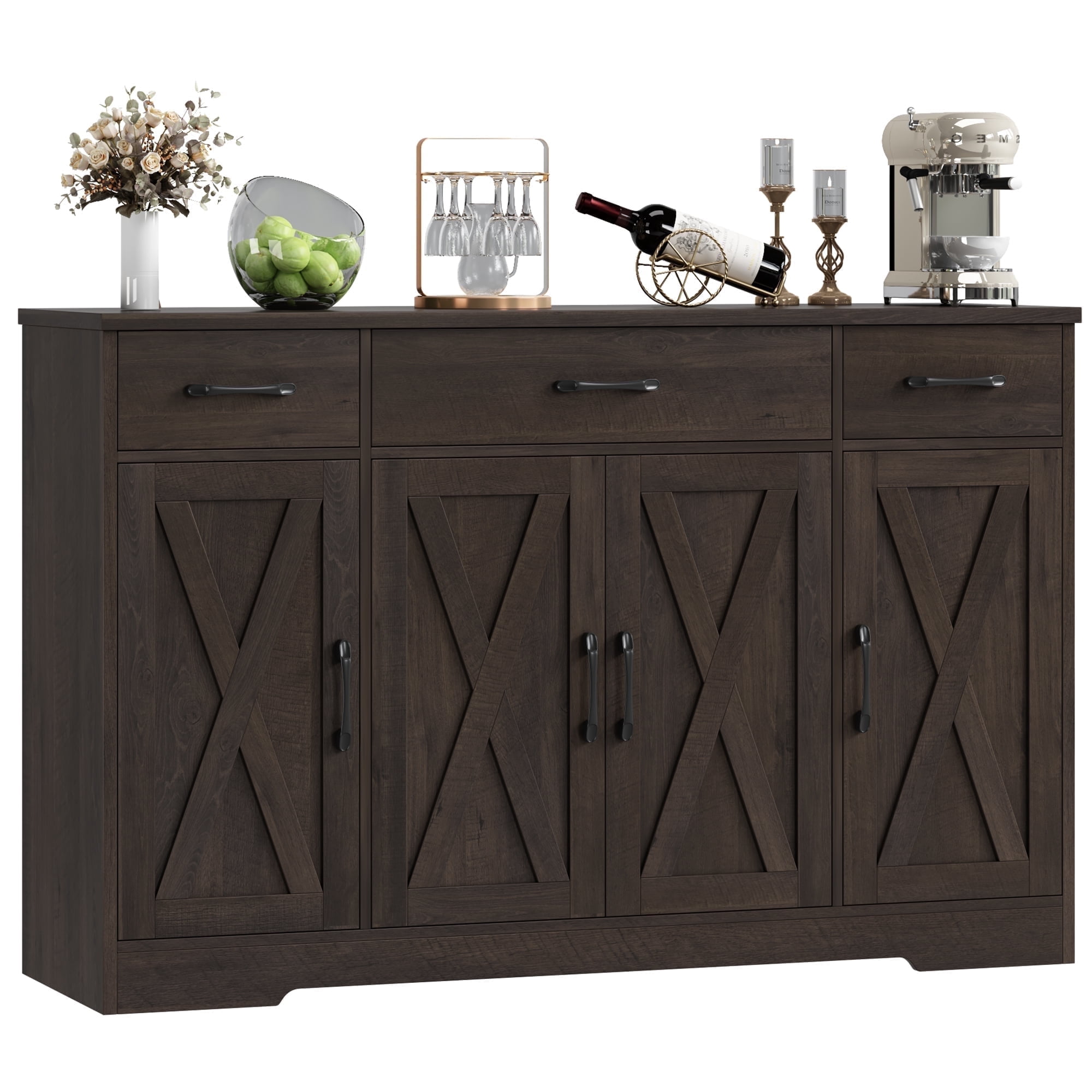 Homfa Buffet Cabinet with 3 Drawers and 4 Doors, 55.1” W Kitchen Sideboard Storage Cabinet with Adjustable Shelves, Farmhouse Coffee Bar Cabinet for Dining Room, Dark Brown