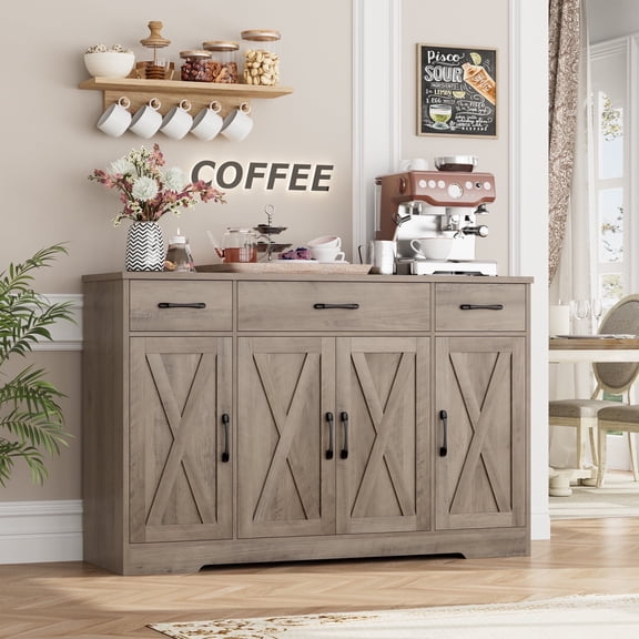 Homfa Buffet Cabinet with 3 Drawers and 4 Doors, 55.1” W Kitchen Sideboard Storage Cabinet with Adjustable Shelves, Farmhouse Coffee Bar Cabinet for Dining Room, Gray