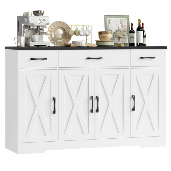 Homfa Buffet Cabinet with 3 Drawers and 4 Doors, 55.1” W Kitchen Sideboard Storage Cabinet with Adjustable Shelves, Farmhouse Coffee Bar Cabinet for Dining Room, White & Black