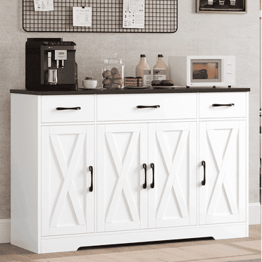 Homfa 55.1 W Farmhouse Kitchen Sideboard, Coffee Bar Cabinet with 4 Doors and 3 Drawers, Wooden Buffet Cabinet with Adjustable Shelves, White & Black
