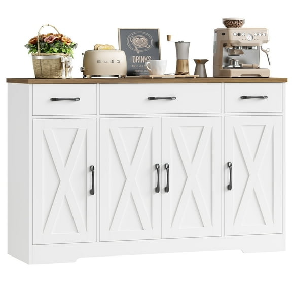 Homfa Buffet Cabinet with 3 Drawers and 4 Doors, 55.1” W Kitchen Sideboard Storage Cabinet with Adjustable Shelves, Farmhouse Coffee Bar Cabinet for Dining Room, White & Brown