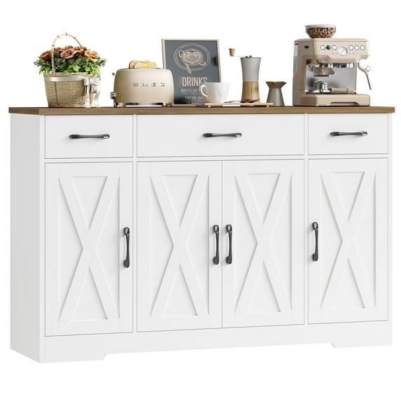 Homfa Buffet Cabinet with 3 Drawers and 4 Doors, 55.1” W Kitchen Sideboard Storage Cabinet with Adjustable Shelves, Farmhouse Coffee Bar Cabinet for Dining Room, White & Brown