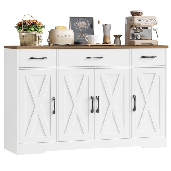 Homfa Buffet Cabinet with 3 Drawers and 4 Doors, 55.1” W Kitchen Sideboard Storage Cabinet with Adjustable Shelves, Farmhouse Coffee Bar Cabinet for Dining Room, White & Brown