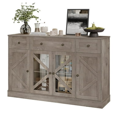 Homfa 55.1”W Farmhouse Kitchen Sideboard with Glass Doors, Modern 3 Drawer Buffet Storage Cabinet with Adjustable Shelves for Dining Room, Gray