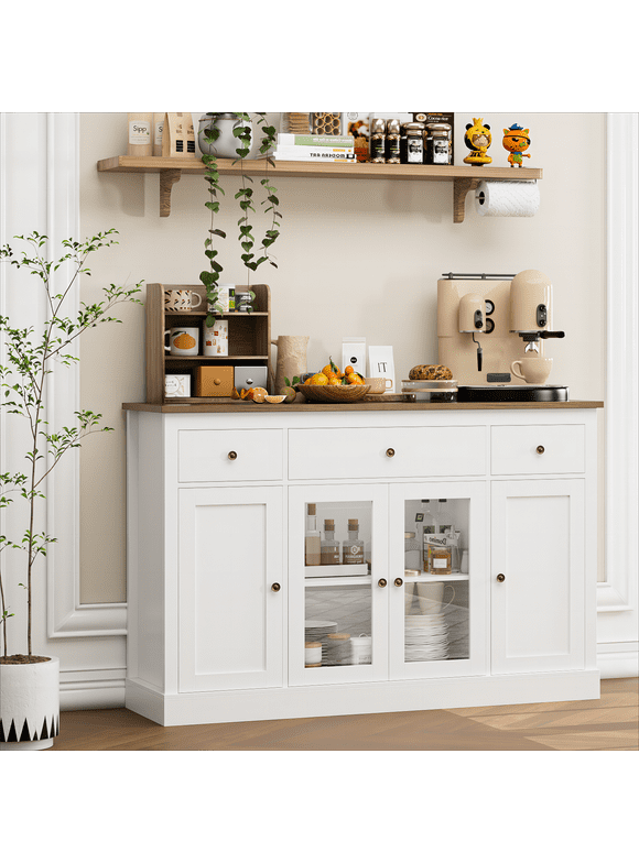 Homfa 55.1'' W Kitchen Buffet Cabinet with 3 Drawer Adjustable Shelf, Glass Door Wooden Storage Cabinet Credenza Coffee Bar for Living Room