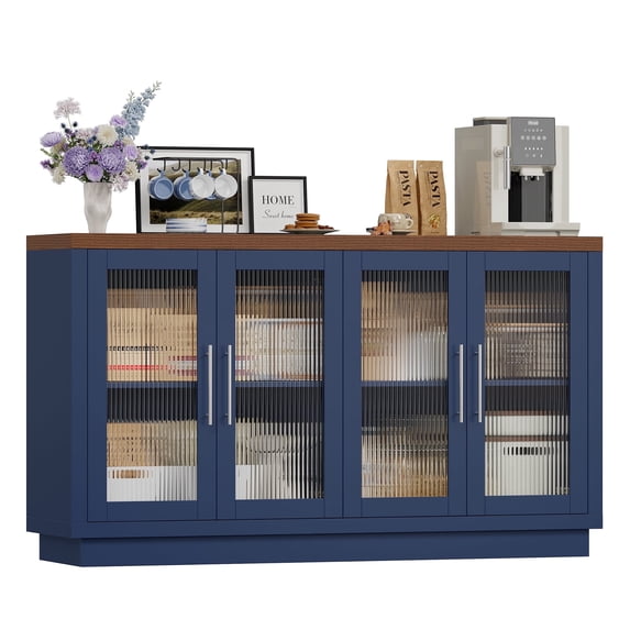 Homfa 55.1"W Modern Sideboard Buffet with Fluted Glass Doors, Accent Cabinet Console Table TV Stand, Blue & Brown