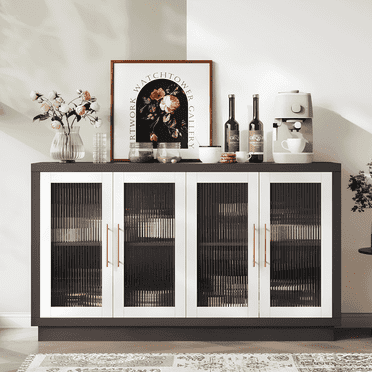 Homfa 55.1"W Modern Sideboard Buffet with Fluted Glass Doors, Accent Cabinet Console Table TV Stand, Brown & White