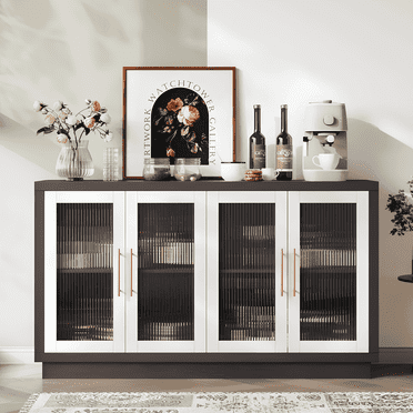 Homfa 55.1"W Modern Sideboard Buffet with Fluted Glass Doors, Accent Cabinet Console Table TV Stand, Brown & White