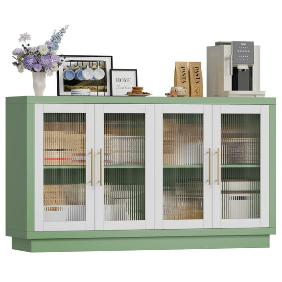 Homfa 55.1"W Modern Sideboard Buffet with Fluted Glass Doors, Accent Cabinet Console Table TV Stand, Green & White