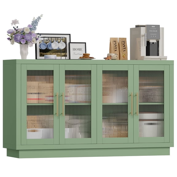 Homfa 55.1"W Modern Sideboard Buffet with Fluted Glass Doors, Accent Cabinet Console Table TV Stand, Green