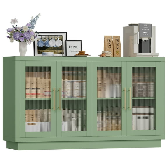 Homfa 55.1"W Modern Sideboard Buffet with Fluted Glass Doors, Accent Cabinet Console Table TV Stand, Green