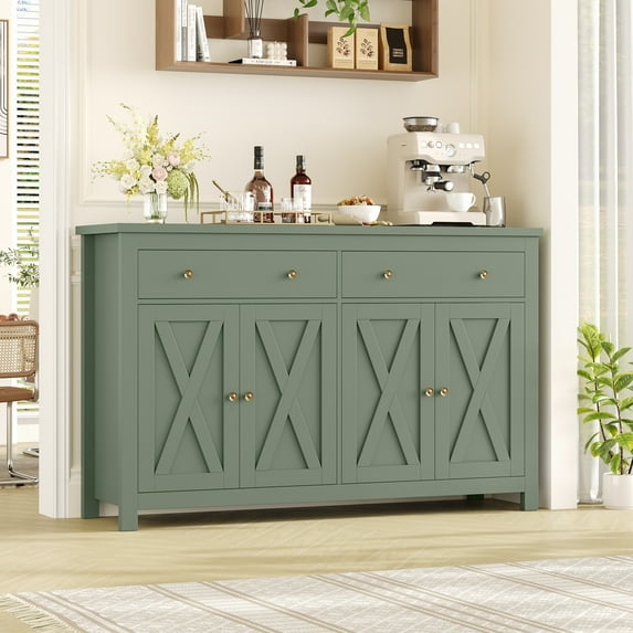 Homfa 55.1W'' 4-Doors 2-Drawers Farmhouse Storage Cabinet, Wood Sideboard with Adjustable Shelves for Kitchen Dining Room, Green
