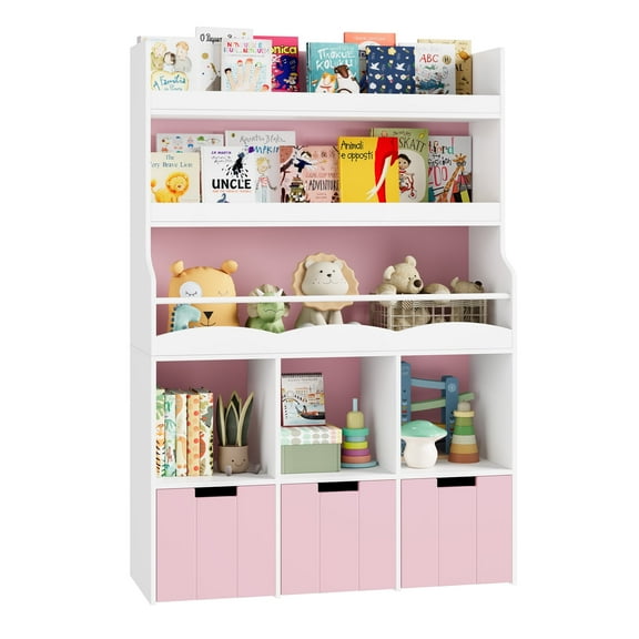 Homfa 55.5” H Kids Bookshelf with 2-Tier Book Shelves, Children Toy Organizer with 3 Cubes and Removable Drawers, Pink & White
