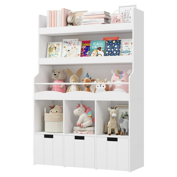 Homfa 55.5” H Kids Bookshelf with 2-Tier Book Shelves, Children Toy Organizer with 3 Cubes and Removable Drawers, White