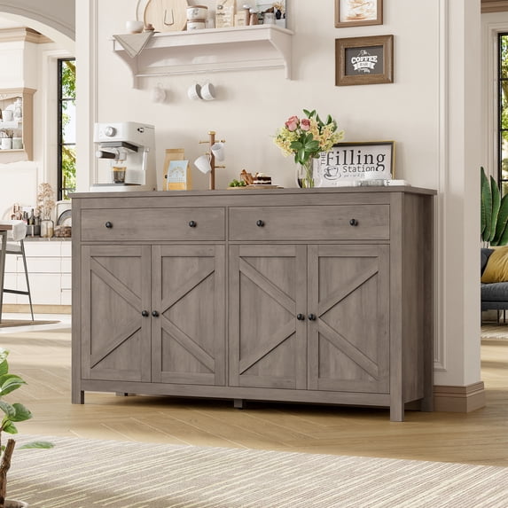 Homfa 55'' Kitchen Sideboard Buffet Cabinet, 4-Doors 2-Drawers Farmhouse Storage Cabinet with Adjustable Shelves, Gray