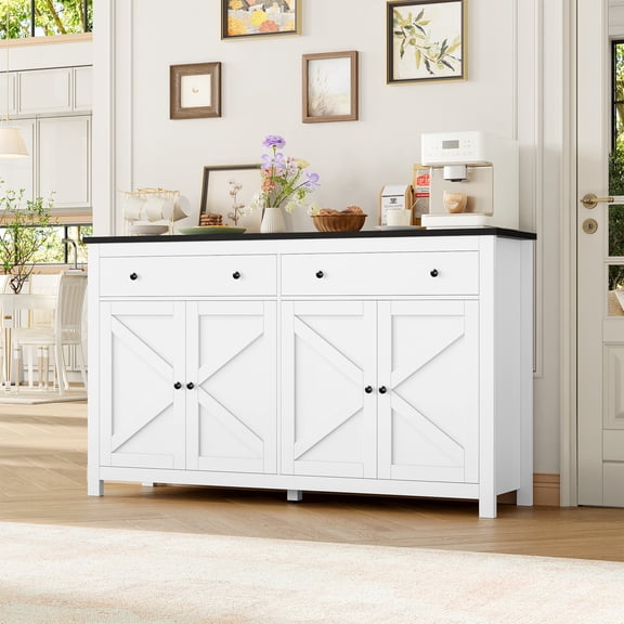 Homfa 55'' Kitchen Sideboard Buffet Cabinet, 4-Doors 2-Drawers Farmhouse Storage Cabinet with Adjustable Shelves, White & Black
