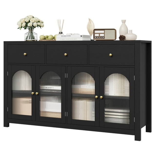 Homfa 55'' Large Sideboard Buffet Cabinet, Kitchen Storage Cabinet with 3 Drawers and 4 Glass Doors, Wood Coffee Bar Cabinet for Living Room， Black