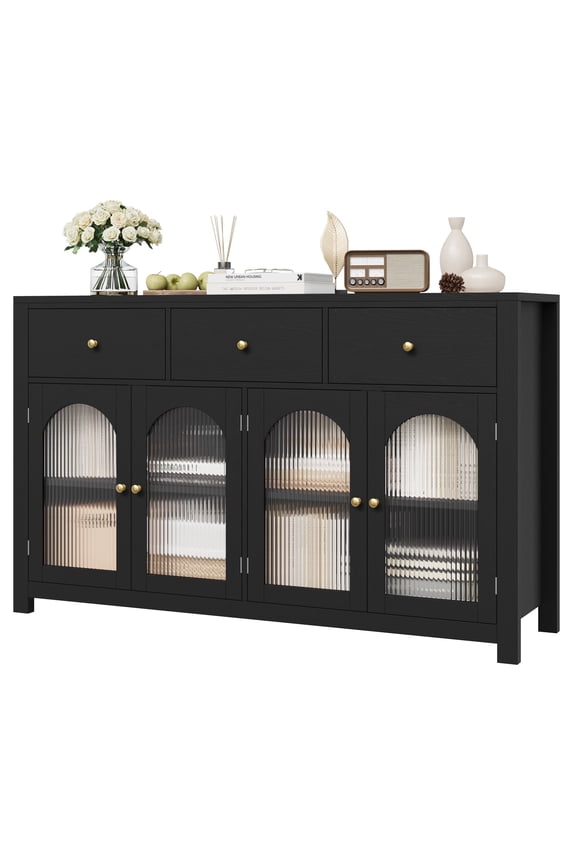 55'' Large Sideboard Buffet Cabinet, Kitchen Storage Cabinet with 3 Drawers and 4 Glass Doors, Wood Coffee Bar Cabinet for Living Room， Black