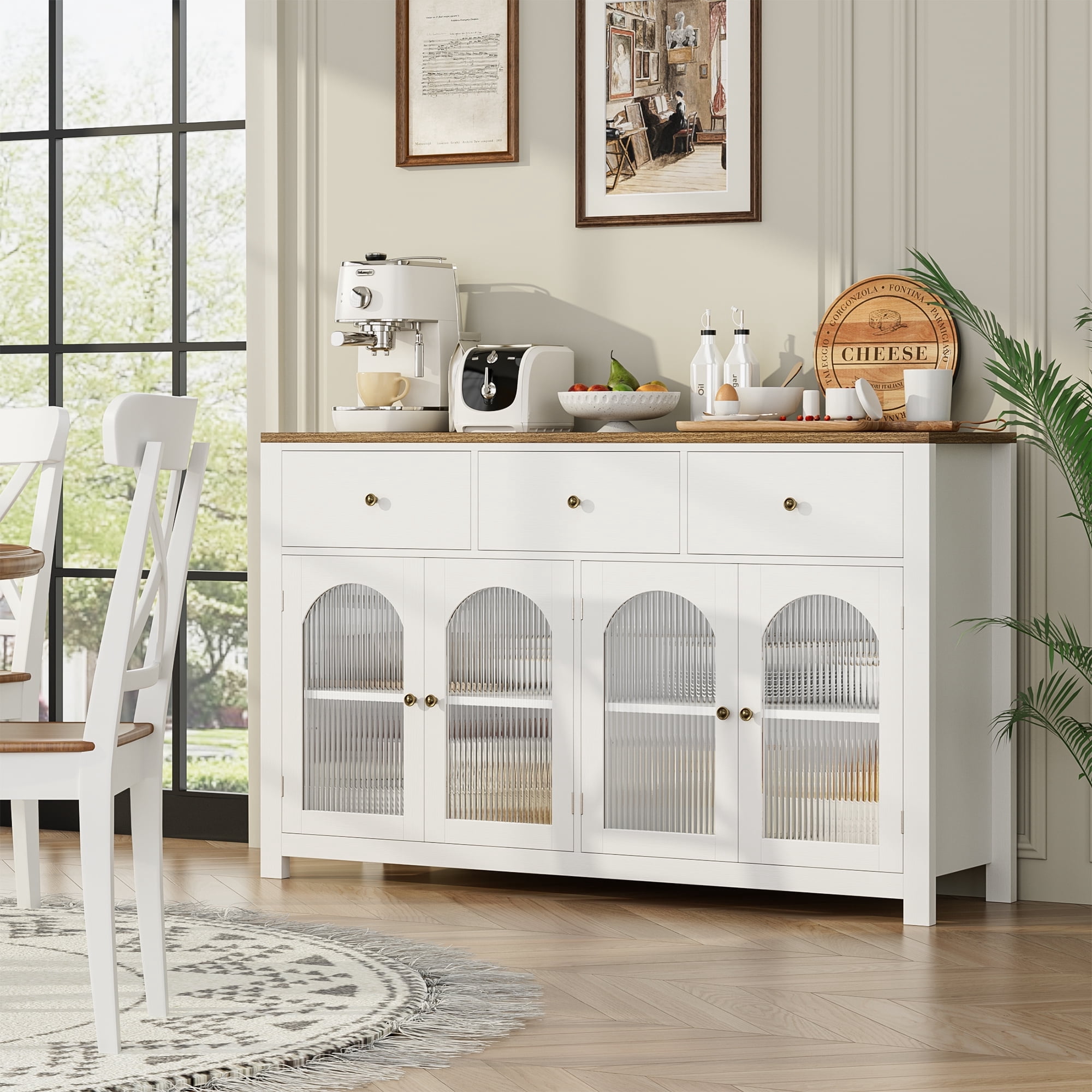 Homfa 55'' Large Sideboard Buffet Cabinet, Kitchen Storage Cabinet with 3 Drawers and 4 Glass Doors, Wood Coffee Bar Cabinet for Living Room, White - Walmart.com