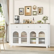 Homfa 55'' Large Sideboard Buffet Cabinet, Kitchen Storage Cabinet with 3 Drawers and 4 Glass Doors, Wood Coffee Bar Cabinet for Living Room, White