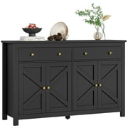 Homfa 55''W Farmhouse Kitchen Sideboard with 4 Doors 2 Drawers, Wood Storage Buffet Cabinet with Adjustable Shelves, Black