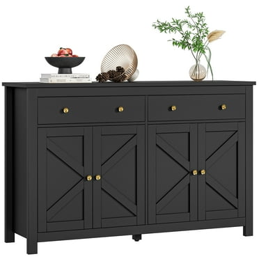 Homfa 55''W Farmhouse Kitchen Sideboard with 4 Doors 2 Drawers, Wood Storage Buffet Cabinet with Adjustable Shelves, Black