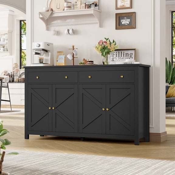 Homfa 55''W Farmhouse Kitchen Sideboard with 4 Doors 2 Drawers, Wood Storage Buffet Cabinet with Adjustable Shelves, Black