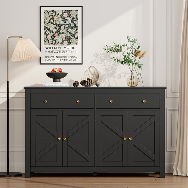 Homfa 55''W Black Farmhouse Kitchen Buffet Cabinet with 4 Doors, 2 ...
