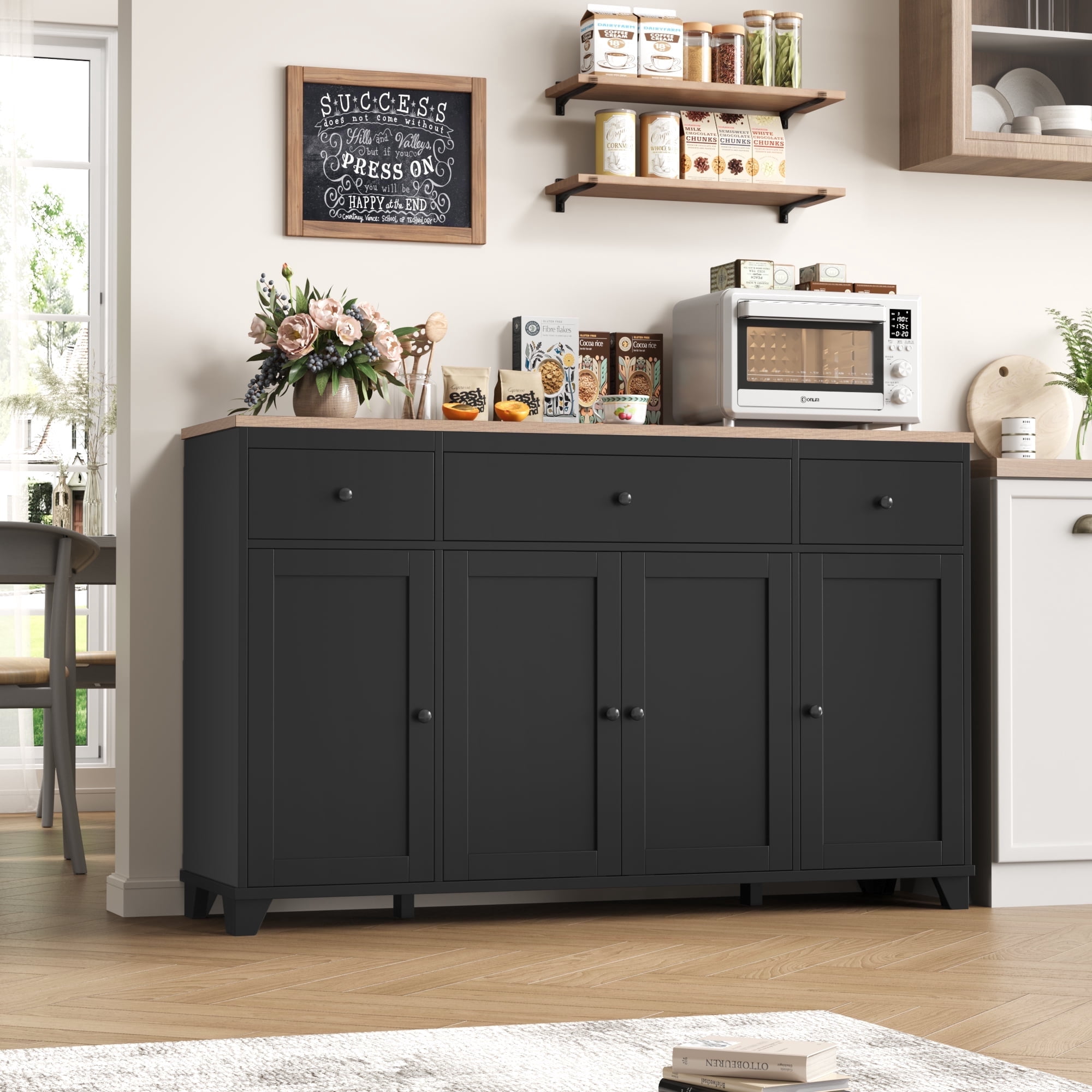 Homfa 55"W Kitchen Sideboard Credenza, 4-Doors 3-Drawer Wood Buffet Storage Cabinet with Adjustable Shelves, Black & Brown