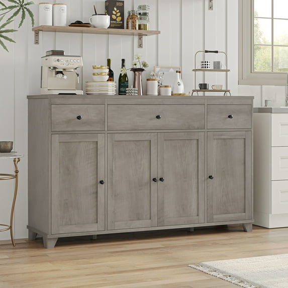 Homfa 55"W Kitchen Sideboard Credenza, 4-Doors 3-Drawer Wood Buffet Storage Cabinet with Adjustable Shelves, Wash Gray