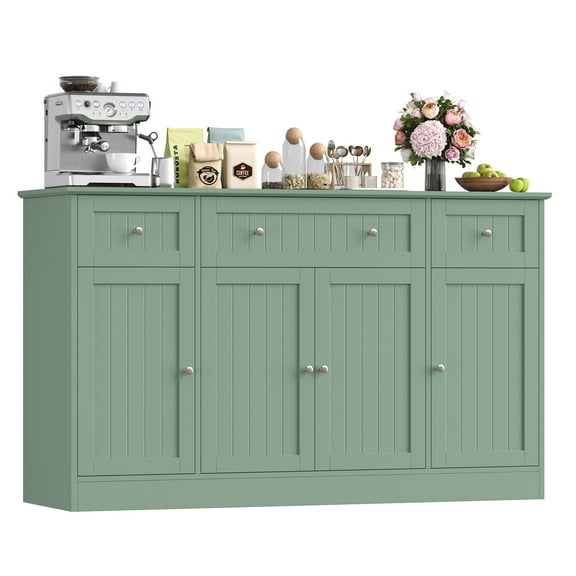 Homfa 55"W Sideboard Credenza with Adjustable Shelves, 4-Doors 3-Drawers Farmhouse Storage Buffet Cabinet, Coffee Bar Cabinet for Kitchen Dining Living Room, Green