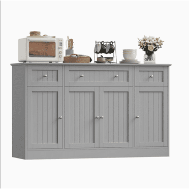 Homfa 55"W Sideboard Credenza with Adjustable Shelves, 4-Doors 3-Drawers Farmhouse Storage Buffet Cabinet, Wood Coffee Bar Cabinet for Kitchen Dining Living Room, Gray