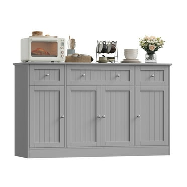 Homfa 55"W Sideboard Credenza with Adjustable Shelves, 4-Doors 3-Drawers Farmhouse Storage Buffet Cabinet, Wood Coffee Bar Cabinet for Kitchen Dining Living Room, Gray