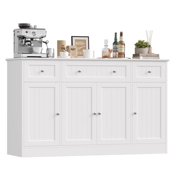 Homfa 55"W Sideboard Buffet Cabinet with Adjustable Shelves &  3-Drawers, 4 Doors Kitchen  Storage Cabinet, Coffee Bar Cabinet for Dining Living Room, White