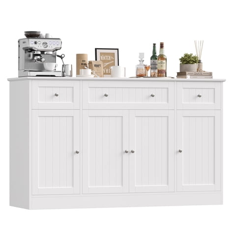 Homfa 55"W Sideboard Buffet Cabinet with Adjustable Shelves & 3-Drawers, 4 Doors Kitchen Storage Cabinet, Coffee Bar Cabinet for Dining Living Room, White