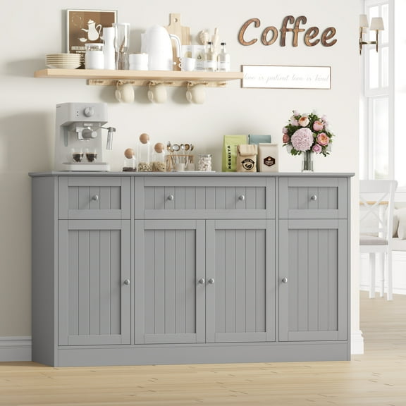 Homfa 55"W Sideboard Buffet Cabinet with Adjustable Shelves &  3-Drawers, 4 Doors Kitchen  Storage Cabinet, Coffee Bar Cabinet for Dining Living Room, Gray