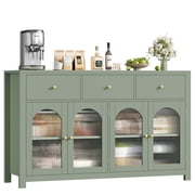 Homfa 55''Wide Buffet Credenzas, Large Dining Sideboard with 3 Drawers, 4 Glass Doors, Wood Coffee Bar Cabinet, Green